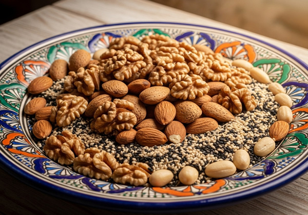 Almonds,-walnuts-and-sesame-seeds-in-a-colorful-plate