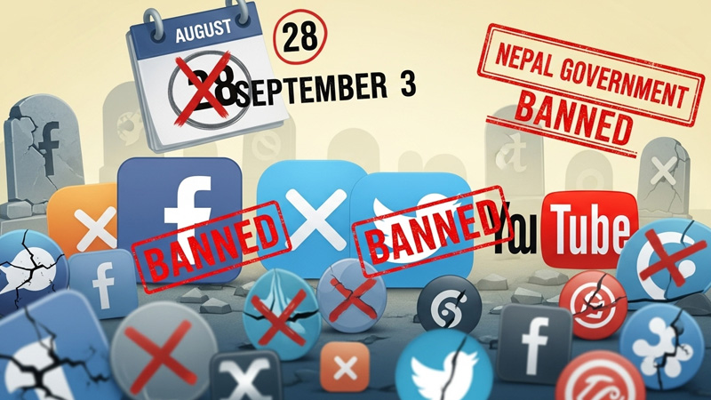 Nepal bans 26 social media platforms including Facebook, X, YouTube. Seven days from 28 August for registration, ending on the night of 3 September