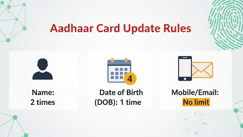 आधार कार्ड अपडेट नियम: नाम 2 बार, जन्मतिथि 1 बार – मोबाइल और ईमेल पर कोई सीमा नहीं