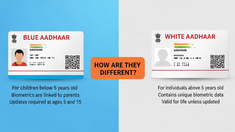 ब्लू आधार कार्ड और व्हाइट आधार कार्ड: क्या है अंतर और कौन-सा कब बनता है?