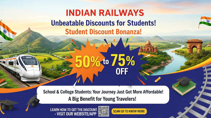 भारतीय रेलवे 50%-75% की छूट – स्कूल और कॉलेज छात्रों के लिए बड़ा फायदा, जानें कैसे मिलेगा डिस्काउंट